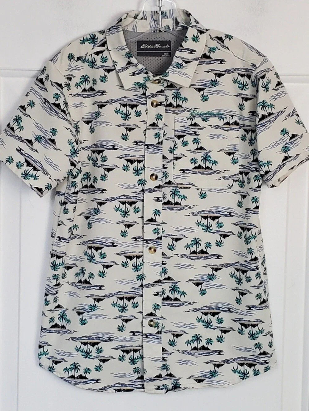 Eddie Bauer Boys Stretch Hawaiian Island All Over Print Camp Shirt- Size 8 - GUC